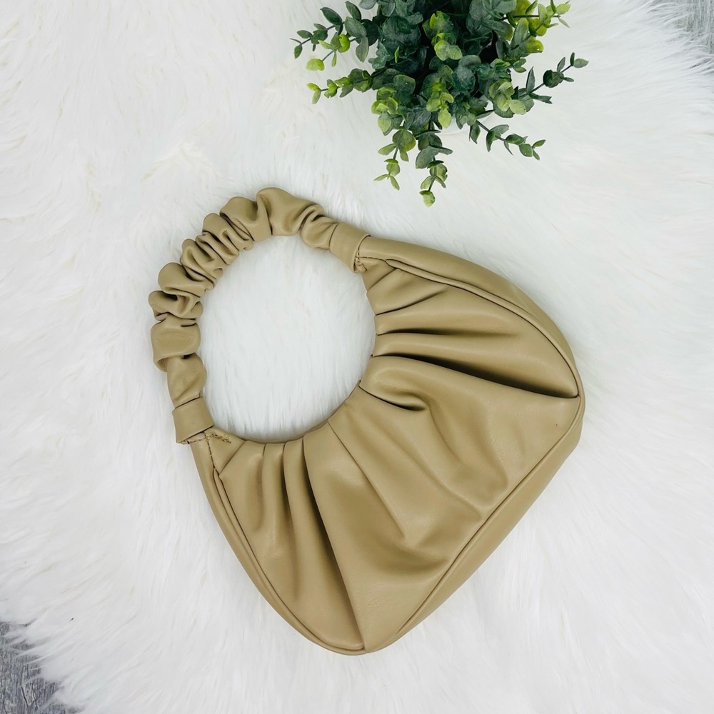 New Minimalist Ruched Bag Tan Khaki Faux Leather Mini Handle bag Purse
